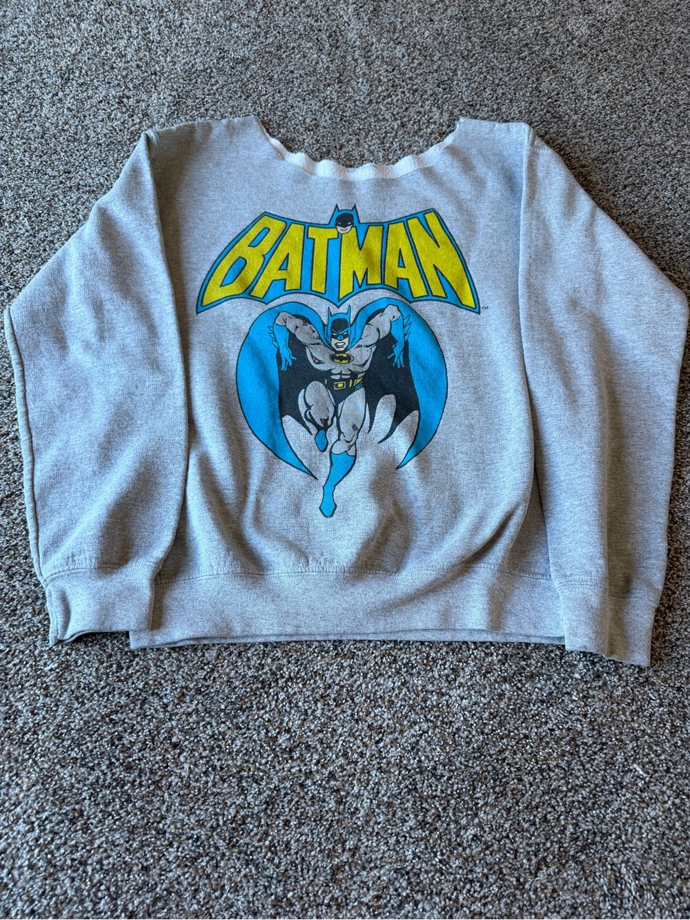 Batman Retro Comic Graphic Gray Sweatshirt Raw Cut Neck Pullover